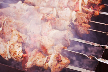Meat on skewers over burning coals. Delicious grilled meat in smoke