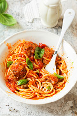 Meatballs in tomato sauce with spaghetti 