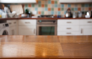 blurred kitchen interior and napkin and desk space