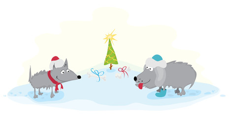 happy festive new year/ Two different breeds of dogs found their presents under the Christmas tree