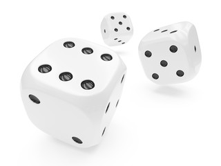 3d rendering three white rolling dices isolated on white background