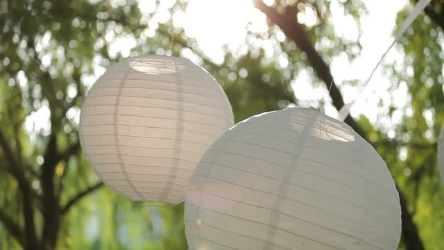White chinese lantern hanging on a tree. White lanterns blow gently in the breeze at sunrise  gently swaying in the wind. Valentine Day. Wedding day.
