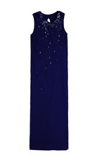 long elegant blue jersey dress with silver and blue sequins, isolated on white background