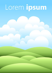 Vector illustration.Bright nature landscape with sky, hills and grass. Rural scenery. Field and meadow