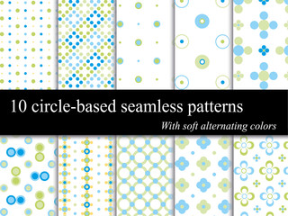 10 circle-based (dotted) vector seamless patterns with a soft alternating colors theme, arranged by layers with a single element and a pattern example for each item