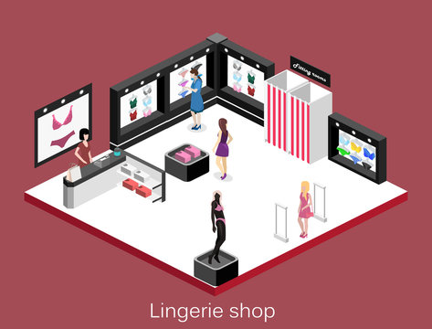 Isometric flat 3D isolated concept vector cutaway interior lingerie store