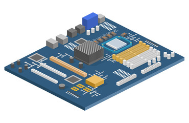 Isometric flat 3D isolated concept vector computer motherboard information system