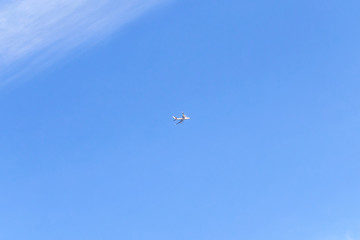 Flying aircraft high in the sky. Background.