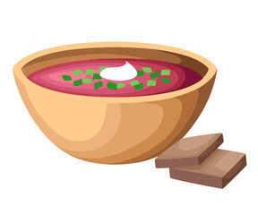 Vector illustration of soup Borscht top view. Food illustration. Stylized icon