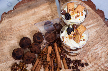 Dessert english trifle on a wooden background