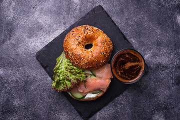 Bagels with salmon, cream cheese and lettuce