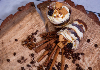 Dessert english trifle on a wooden background
