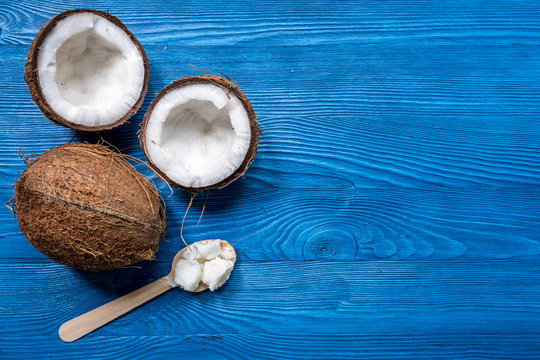 Coconut Food And Wooden Spoon On Blue Table Background Top View Mockup