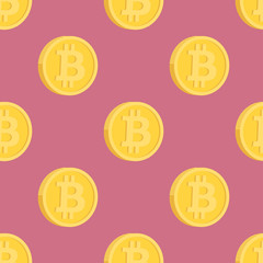 Seamless pattern of bitcoins isolated on pink background. Clipping mask used.