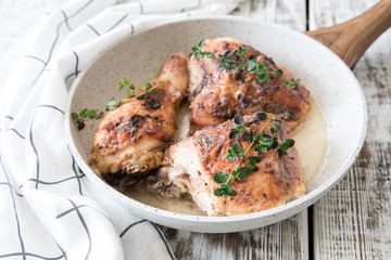 Fried golden chicken thighs with spices and herbs. Baked chicken legs
