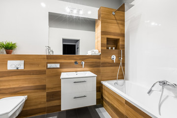 Wooden bathroom with mirror