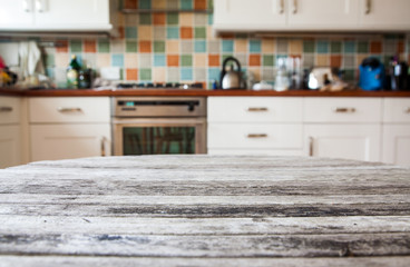 blurred kitchen interior and napkin and desk space
