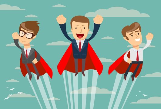 Super business team- businessmen in red capes flying upwards to their success. Stock vector illustration for poster, greeting card, website, ad, business presentation, advertisement design.