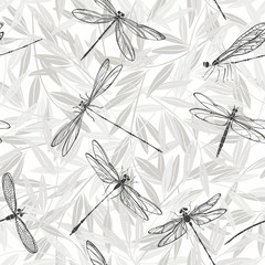 Dragonflies and twigs on a white background. Monochrome seamless vector pattern