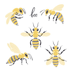 Bee. Vector set. Isolated  elements for design on a white background. Five silhouettes of bees.
