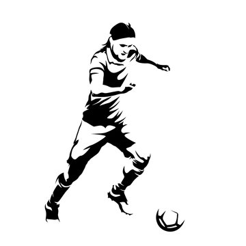 Running soccer player with ball, abstract vector silhouette