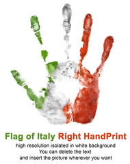Right hand print in italy flag color isolated on white background. Symbol of Italy and national Italian holidays for use in web and print.
