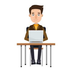 cartoon young man working laptop sitting image vector illustration