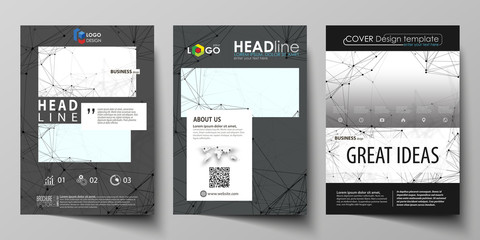 Business templates for brochure, flyer, booklet, report. Cover design template, vector layout in A4 size. Chemistry pattern, connecting lines and dots, molecule structure on white, graphic background.