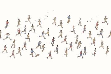 Seamless banner of tiny marathon runners, can be tiled horizontally: a diverse collection of small hand drawn men and women running from left to right