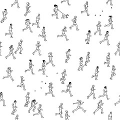 Seamless pattern of tiny marathon runners: a diverse collection of small hand drawn men and women running from left to right