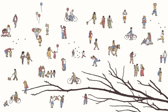 Tiny pedestrians in the street, a diverse collection of small hand drawn men and women walking through the city, with tree branch in the foreground