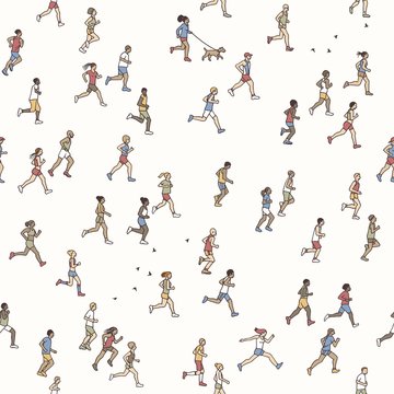 Seamless pattern of tiny marathon runners: a diverse collection of small hand drawn men and women running from left to right