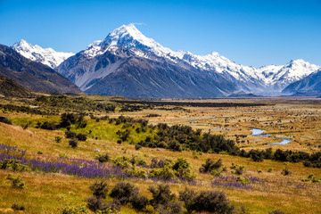 Beautiful landscape view of mountain range and MtCook peak, New Zealand
