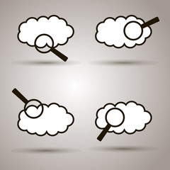 Cloud and magnifier search. Silhouette flat icon. Illustration for weather forecast, weather research.