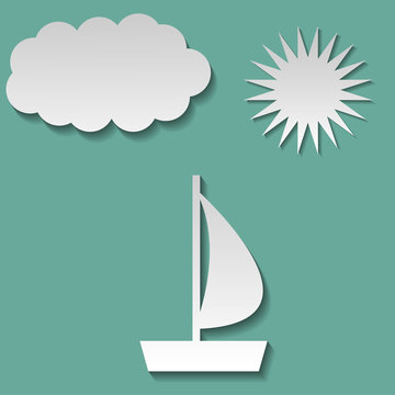 Vector image of Paper boat, cloud and sun