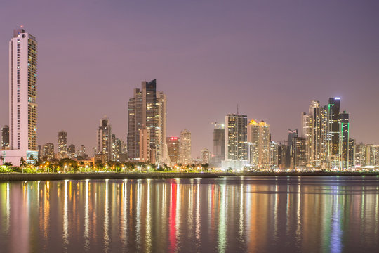    Panama City, city center skyline and Bay of Panama, Panama, Central America. 

