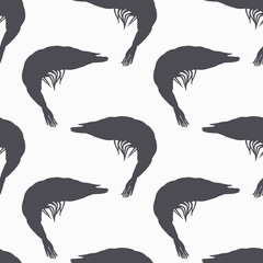 Shrimp silhouette seamless pattern. Seafood meat. Background for craft food packaging