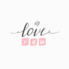 Creative greeting card with hand drawn sign LOVE YOU. Valentines day vector illustration