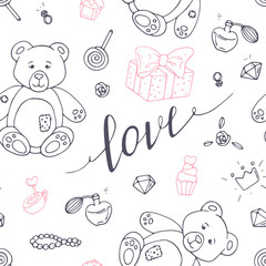 Valentines day outline seamless pattern with LOVE hand drawn sign