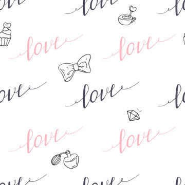Seamless pattern with hand drawn sign LOVE in hipster style