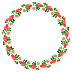 Color  round frame with decorative red roses. Copy space. Vector clip art.