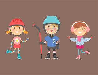 Young kids sportsmens future roller skates gymnastics children sport players vector illustration.