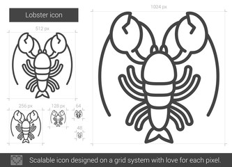 Lobster line icon for web, mobile and infographics. Vector white icon isolated on red background.