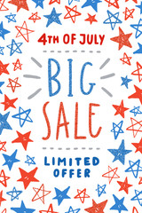 Fourth of July sale poster design. Independence Day card template with amazing glitter stars. Vector illustration