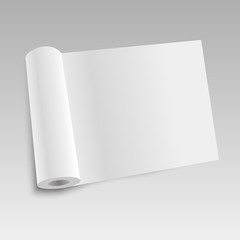 Blank open magazine template with rolled pages. Vector illustration.