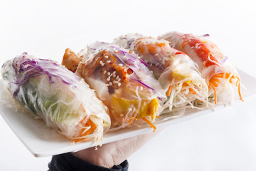 Vietnamese Spring Rolls, large variety of filled, rolled appetizers or dim sum found in East Asian and Southeast Asian cuisine