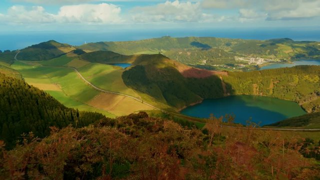 Panoramic view of the Lagoa de Santiago and Lagoa das Sete Cidades lakes in the island of Sao Miguel, The Azores, Portugal. 