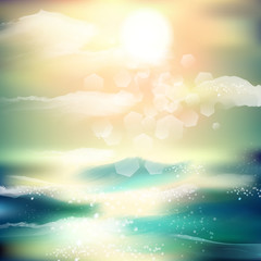 Spring and summer watercolor ocean background with shining sparks and bokeh. Vector Illustration, Graphic Design Editable For Your Design.