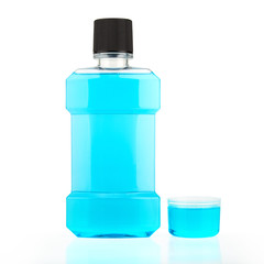 Blue water mouthwash isolated on white