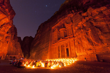 Petra by Night and sky full of stars  